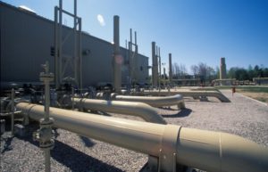 The gas mains and valves on the exterior of DTE Energy's Kalkaska natural gas station.