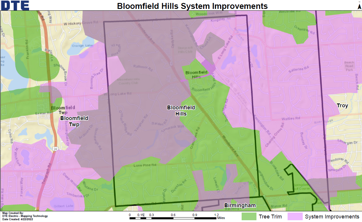 graphic map of Bloomfield Hills area