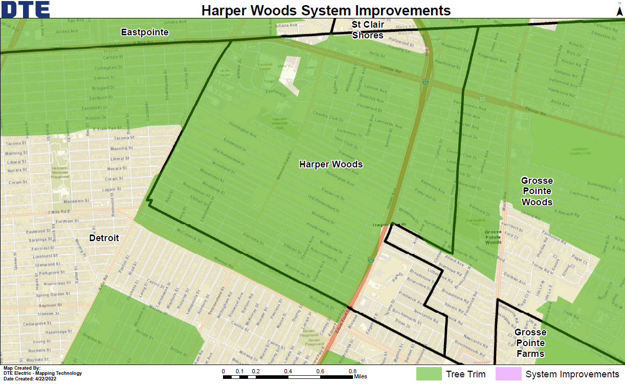 graphic map of Harper Woods area