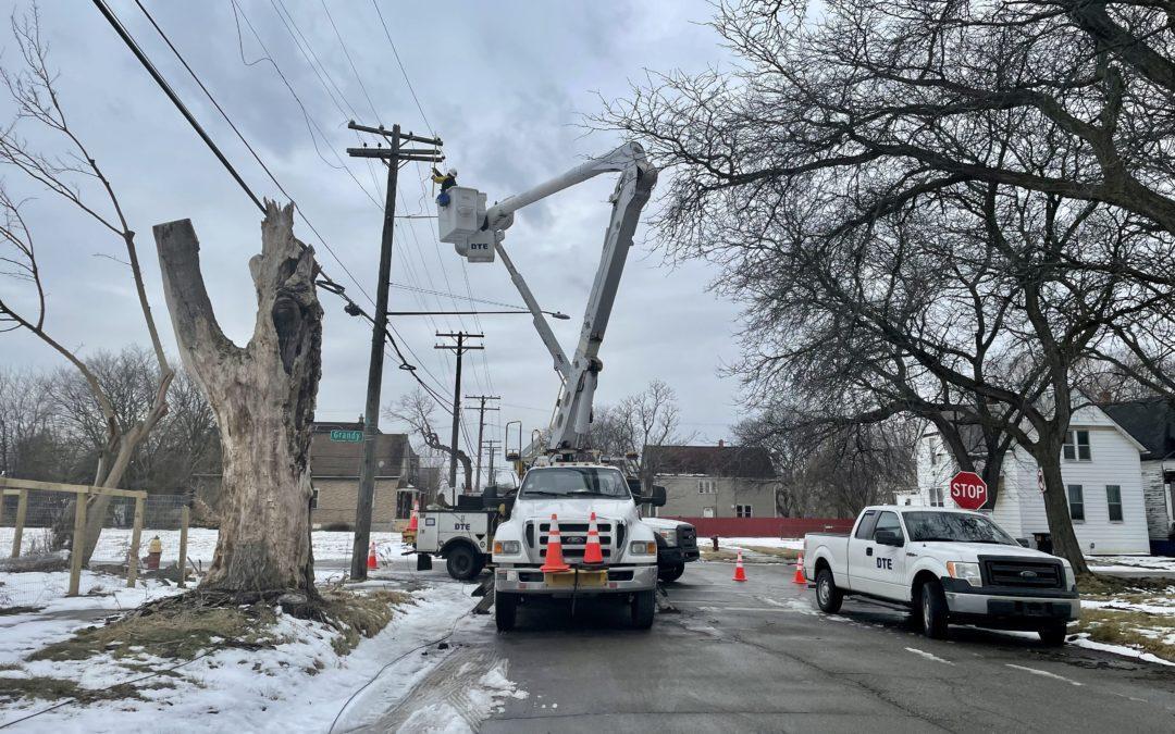 DTE crew fixes overhead power line in Detroit neighborhood due to fallen tree branch