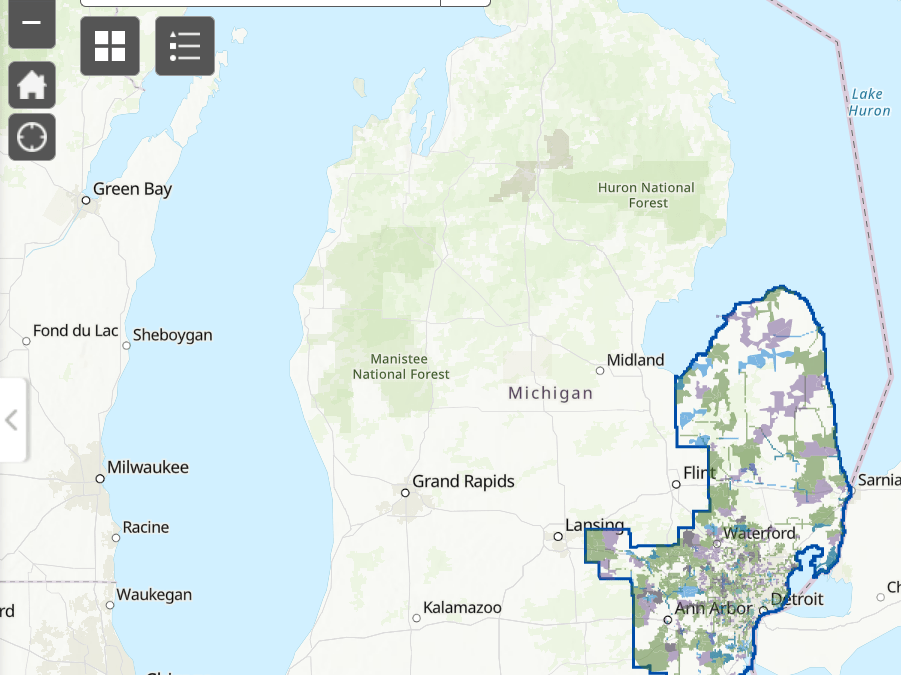 graphic map of Michigan with highlighted Southeast and thumb areas where reliability work is happening
